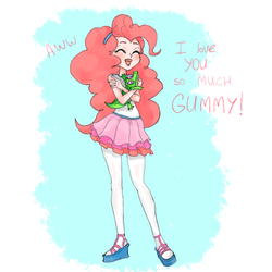 Size: 2024x2024 | Tagged: safe, artist:insanitylittlered, gummy, pinkie pie, human, equestria girls, g4, clothes, cuddling, cute, dialogue, diapinkes, duo, eyes closed, hairband, high res, miniskirt, moe, open mouth, pantyhose, partial background, sandals, skirt