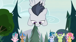 Size: 1171x649 | Tagged: safe, screencap, cucumber seed, kettle corn, mocha berry, rumble, skeedaddle, tulip swirl, earth pony, pegasus, pony, unicorn, g4, marks and recreation, blank flanks forever, colt, discovery family logo, female, filly, flying, foal, male