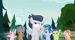 Size: 1173x639 | Tagged: safe, screencap, cucumber seed, kettle corn, mocha berry, rumble, skeedaddle, tulip swirl, earth pony, pegasus, pony, unicorn, g4, marks and recreation, blank flanks forever, colt, discovery family logo, female, filly, foal, male