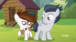Size: 1179x653 | Tagged: safe, screencap, pipsqueak, rumble, earth pony, pegasus, pony, g4, marks and recreation, season 7, blank flanks forever, colt, cutie mark day camp, discovery family logo, duo, eyes on the prize, looking at butt, looking at something, male