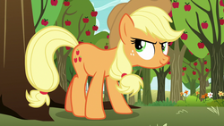 Size: 1280x720 | Tagged: safe, screencap, applejack, earth pony, pony, between dark and dawn, g4, apple, apple tree, female, freckles, mare, solo, tree