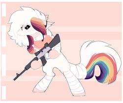 Size: 1920x1606 | Tagged: safe, artist:php146, oc, oc only, oc:ayaka, earth pony, pony, alternate design, bandage, bandana, bipedal, chest fluff, eye clipping through hair, female, gun, ponified, rifle, solo, species swap, tail wrap, weapon