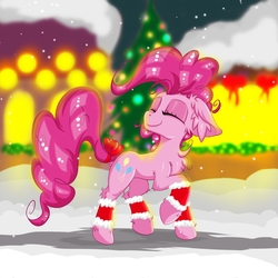 Size: 2500x2500 | Tagged: safe, artist:rurihal, pinkie pie, pony, g4, bow, chest fluff, christmas, christmas tree, ear fluff, female, high res, holiday, snow, snowfall, solo, tail bow, tree