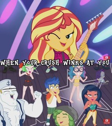 Size: 1080x1215 | Tagged: safe, edit, edited screencap, screencap, bulk biceps, desert sage, doodle bug, drama letter, flash sentry, mile hill, sandalwood, sunset shimmer, technicolor waves, waldo whereabout, watermelody, equestria girls, equestria girls specials, g4, my little pony equestria girls: better together, my little pony equestria girls: spring breakdown, all good (song), belly button, bikini, clothes, female, male, midriff, offscreen character, ship:flashimmer, shipping, straight, swimsuit, tankini