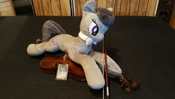Size: 4128x2322 | Tagged: safe, octavia melody, earth pony, pony, g4, bow (instrument), bowtie, cello, female, irl, musical instrument, photo, plushie, solo