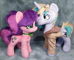 Size: 1280x1048 | Tagged: safe, artist:doctorkoda, oc, oc only, earth pony, pony, unicorn, deviantart watermark, duo, female, irl, looking at each other, looking at someone, male, mare, obtrusive watermark, photo, plushie, stallion, watermark