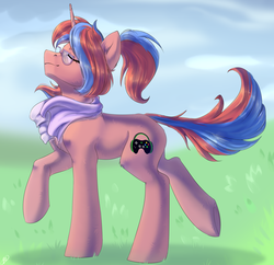 Size: 2560x2480 | Tagged: safe, artist:tigra0118, oc, oc only, pony, unicorn, clothes, cutie mark, eyes closed, female, glasses, grass field, high res, mare, scarf, solo