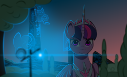 Size: 2800x1700 | Tagged: safe, artist:kody-arts, twilight sparkle, alicorn, pony, g4, city, cityscape, crown, female, folded wings, futuristic, hologram, jewelry, light, looking at you, peytral, regalia, smiling, solo, twilight sparkle (alicorn), wings