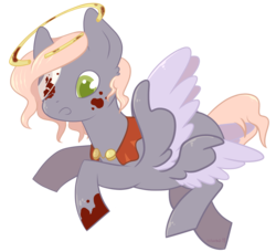 Size: 1690x1538 | Tagged: safe, artist:hirundoarvensis, oc, oc only, oc:(un)holy, pegasus, pony, bandage, blood, cape, chibi, clothes, double wings, eyepatch, female, halo, multiple wings, solo, stains, wings