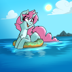 Size: 3600x3600 | Tagged: safe, artist:modularpon, oc, oc only, oc:scoops, pony, unicorn, donut, food, high res, horn, markings, solo, swimming, unicorn oc