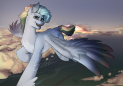 Size: 4224x2952 | Tagged: safe, artist:scalent, rainbow dash, pegasus, pony, g4, cloud, colored wings, colored wingtips, feathered fetlocks, female, flying, g5 concept leak style, g5 concept leaks, rainbow dash (g5 concept leak), redesign, signature, sky, solo, spread wings, wings