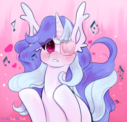 Size: 3904x3764 | Tagged: safe, artist:reallycoykoifish, oc, oc only, pony, unicorn, big eyes, blushing, chubby cheeks, close-up, ear fluff, eye contact, eyepatch, female, high res, horn, looking at each other, music notes, shiny eyes, shoujo sparkles, solo, two toned hair, unicorn oc