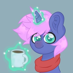 Size: 2557x2551 | Tagged: safe, artist:ninnydraws, oc, oc only, oc:beam, pony, unicorn, chocolate, clothes, colored pupils, cozy, food, high res, hot chocolate, looking at you, magic, mug, red nosed, scarf, simple, solo, telekinesis, winter