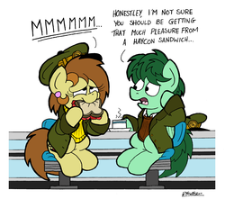 Size: 2236x1975 | Tagged: safe, artist:bobthedalek, oc, oc only, oc:bubble pump, oc:clippy ticket, earth pony, pegasus, pony, comic:trottingham transport, chair, clothes, cup, diner, female, food, hat, jacket, male, sandwich, sweater, teacup, thick outline