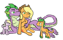 Size: 682x430 | Tagged: safe, artist:miesdo, applejack, spike, oc, oc:apple fire, oc:appleheart, dracony, hybrid, g4, alternate hairstyle, female, interspecies offspring, loose hair, lying down, male, offspring, older, older applejack, older spike, parent:applejack, parent:spike, parents:applespike, preggo jack, pregnant, ship:applespike, shipping, simple background, straight, white background