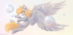 Size: 2362x1122 | Tagged: safe, artist:melloncollie-chan, derpy hooves, pegasus, pony, g4, bubble, chest fluff, cute, derpabetes, ear fluff, female, mare, profile, simple background, solo, spread wings, white background, wings