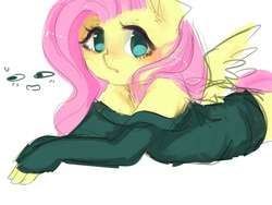 Size: 1280x960 | Tagged: safe, artist:marinakirby, fluttershy, anthro, g4, bottomless, clothes, cute, female, looking at you, off shoulder, partial nudity, prone, shyabetes, simple background, solo, sweater, sweatershy, white background