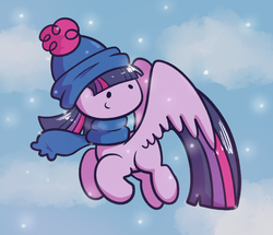 Size: 1400x1202 | Tagged: safe, artist:typhwosion, twilight sparkle, alicorn, pony, g4, clothes, cloud, cute, female, flying, hat, mare, no nose, scarf, sky, snow, snowfall, solo, twiabetes, twilight sparkle (alicorn), winter, winter outfit