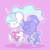 Size: 1286x1282 | Tagged: safe, artist:typhwosion, princess celestia, princess luna, alicorn, pony, between dark and dawn, g4, my little pony: friendship is magic, alternate hairstyle, chibi, clothes, cute, cutelestia, duo, female, hair bun, hawaiian shirt, lunabetes, mare, no nose, open mouth, ponytail, purple background, shirt, simple background