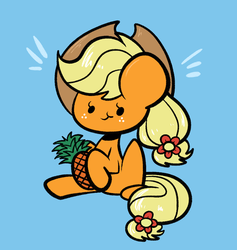 Size: 1062x1120 | Tagged: safe, artist:typhwosion, applejack, earth pony, pony, g4, blue background, cute, dot eyes, eating, female, flower, flower in hair, food, herbivore, jackabetes, mare, pineapple, simple background, sitting, solo