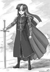 Size: 800x1150 | Tagged: safe, artist:johnjoseco, twilight sparkle, human, g4, anduril, aragorn, female, gondor, grayscale, hauberk, humanized, longsword, lord of the rings, monochrome, pauldron, solo, sword, tolkien, weapon, white tree of gondor, windswept hair