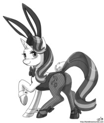 Size: 1100x1304 | Tagged: safe, artist:johnjoseco, starlight glimmer, pony, unicorn, g4, bowtie, bunny ears, bunny suit, butt, clothes, female, fishnet stockings, glimmer glutes, grayscale, leotard, mare, monochrome, plot, raised hoof, simple background, smiling, solo, white background