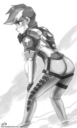 Size: 1000x1655 | Tagged: safe, artist:johnjoseco, rainbow dash, human, g4, ass, butt, clothes, cosplay, costume, crossover, female, grayscale, humanized, monochrome, overwatch, rainbow tracer, rainbutt dash, solo, tracer