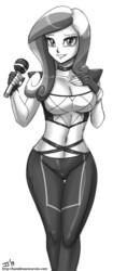 Size: 700x1664 | Tagged: safe, artist:johnjoseco, princess cadance, human, g4, belly button, breasts, choker, cleavage, clothes, cosplay, costume, female, grayscale, humanized, k/da, kai'sa, league of legends, microphone, monochrome, simple background, solo, tight clothing