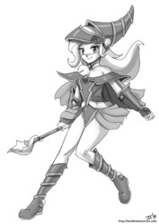 Size: 1000x1411 | Tagged: safe, artist:johnjoseco, trixie, human, g4, anime, breasts, cleavage, dark magician girl, female, grayscale, humanized, magic wand, monochrome, simple background, solo, wand, white background, yu-gi-oh!