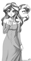 Size: 1000x1947 | Tagged: safe, artist:johnjoseco, sunset shimmer, human, pony, unicorn, g4, amalthea, bare shoulders, clothes, dress, gray background, human ponidox, humanized, monochrome, off shoulder, profile, self ponidox, simple background, the last unicorn, white background