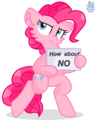 Size: 724x901 | Tagged: safe, artist:rainbow eevee, pinkie pie, earth pony, pony, g4, female, holding a sign, pinkie pie is not amused, simple background, solo, transparent background, unamused