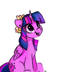 Size: 2534x2987 | Tagged: safe, artist:thefloatingtree, twilight sparkle, alicorn, pony, g4, cute, female, flower, flower in hair, happy, high res, mare, open mouth, simple background, sitting, smiling, solo, twiabetes, twilight sparkle (alicorn), white background