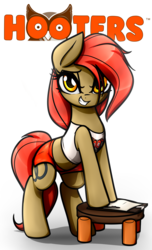 Size: 1785x2936 | Tagged: safe, artist:jetwave, oc, oc only, oc:dala vault, earth pony, pony, adorasexy, beautiful, bedroom eyes, belly button, brown fur, clothes, cute, female, gym shorts, hair over one eye, hooters, looking at you, mare, midriff, orange eyes, red mane, red tail, seductive, seductive pose, sexy, shorts, side slit, smiling, smiling at you, solo, stool, tank top, tomboy, trademark, waitress