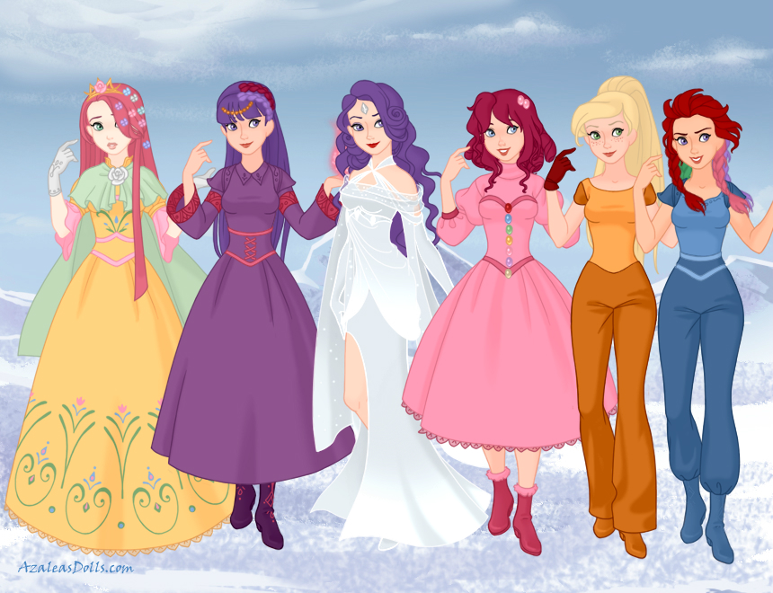 2204166 - safe, artist:azaleasdolls, artist:roseprincessmitia, applejack,  fluttershy, pinkie pie, rainbow dash, rarity, twilight sparkle, alicorn,  human, g4, boots, clothes, crossover, crown, disney, disney style, dress,  evening gloves, frozen (movie