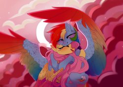 Size: 1748x1240 | Tagged: safe, artist:alkit_is_not_me, fluttershy, rainbow dash, pegasus, pony, g4, blushing, cloud, collaboration, colored wings, crescent moon, crying, ear fluff, eyes closed, female, flying, hug, large wings, lesbian, mare, moon, open mouth, red sky, ship:flutterdash, shipping, signature, spread wings, tears of joy, transparent moon, wing fluff, wings