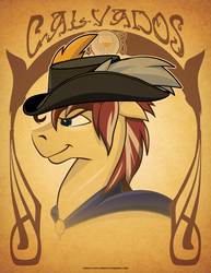 Size: 612x792 | Tagged: safe, artist:samoht-lion, oc, oc only, oc:calvados, earth pony, pony, cloak, clothes, earth pony oc, hat, male, smiling, solo, stallion, text