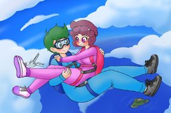 Size: 1280x852 | Tagged: safe, artist:alyrise, oc, oc only, oc:software patch, oc:windcatcher, human, bridal carry, carrying, clothes, cloud, couple, duo, falling, female, goggles, humanized, humanized oc, jumpsuit, male, parachute, skydiving, straight, windpatch