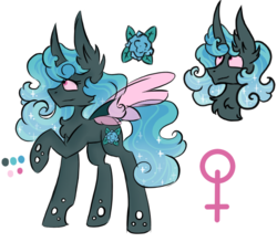 Size: 627x548 | Tagged: safe, artist:hunterthewastelander, oc, oc only, oc:cassiopeia, changeling, changeling queen, changepony, pony, blue changeling, changeling queen oc, flower, magical lesbian spawn, offspring, parent:princess celestia, parent:queen chrysalis, parents:chryslestia, raised hoof, reference sheet, solo