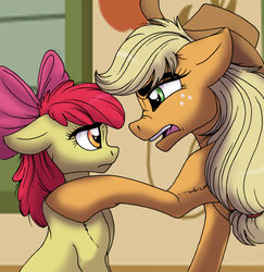 Size: 4668x4806 | Tagged: safe, artist:celestial-rainstorm, apple bloom, applejack, earth pony, pony, g4, absurd resolution, bow, cowboy hat, digital art, female, hair bow, hat, looking at each other, stetson, story included
