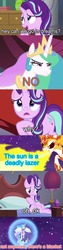 Size: 500x1972 | Tagged: safe, edit, edited screencap, screencap, daybreaker, princess celestia, starlight glimmer, pony, a royal problem, g4, bill wurtz, comic, history of the entire world i guess, screencap comic, swapped cutie marks, the sun is a deadly laser