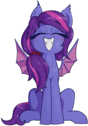 Size: 806x1155 | Tagged: safe, artist:t72b, derpibooru exclusive, oc, oc only, oc:evening's dawn, bat pony, pony, 2020 community collab, derpibooru community collaboration, bat pony oc, cute, cute little fangs, eyes closed, fangs, female, grin, ocbetes, simple background, sitting, smiling, solo, transparent background