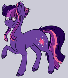 Size: 662x755 | Tagged: safe, artist:sona-artist, twilight sparkle, earth pony, pony, g4, colored hooves, cute, earth pony twilight, female, g5 concept leak style, g5 concept leaks, glasses, hair bun, mare, raised hoof, simple background, smiling, solo, twilight sparkle (g5 concept leak)