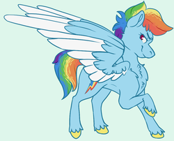 Size: 970x783 | Tagged: safe, artist:sona-artist, rainbow dash, pegasus, pony, g4, chest fluff, colored hooves, colored wings, colored wingtips, female, g5 concept leak style, g5 concept leaks, profile, rainbow dash (g5 concept leak), simple background, smiling, smirk, solo, spread wings, wings