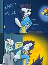 Size: 3024x4032 | Tagged: safe, artist:tacomytaco, fleetfoot, soarin', spitfire, pegasus, pony, comic:wedgiebolts academy, g4, bipedal, clothes, comic, door, eyes closed, female, flying, male, pain, running, shirt, text, warmup suit