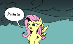 Size: 2650x1608 | Tagged: safe, artist:wenni, fluttershy, pegasus, pony, series:pony re-watch, dragonshy, g4, armpits, dialogue, disappointed, female, flying, hooves on hips, mare, open mouth, pathetic, scene interpretation, single panel, solo, speech bubble, spread wings, wings