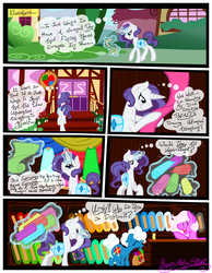 Size: 3500x4500 | Tagged: dead source, safe, artist:becauseimpink, rarity, pony, unicorn, comic:transition, g4, comic, dialogue, elusive, eyes closed, fabric, glowing horn, horn, magic, male, rule 63, saddle bag, stallion, telekinesis, thinking, thought bubble, transgender