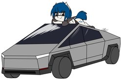 Size: 2920x1927 | Tagged: safe, artist:seafooddinner, oc, oc only, oc:merlin, original species, pony, rocket pony, armor, female, glasses, gridfins, lidded eyes, looking at you, mare, prone, simple background, smiling, spacex, tesla, tesla cybertruck, underhoof, white background