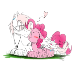 Size: 1087x1034 | Tagged: safe, artist:didun850, pinkie pie, oc, oc:peace dove, earth pony, pegasus, pony, g4, blushing, canon x oc, eyes closed, female, heart, hug, jewelry, kissing, male, mare, necklace, smiling, stallion, winghug