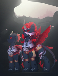 Size: 2165x2819 | Tagged: safe, artist:littlepolly, oc, oc only, oc:king phoenix embers, changeling, dracony, dragon, hybrid, pony, armor, cave, guard, guard armor, high res, red changeling, ych result