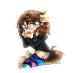 Size: 2000x2000 | Tagged: safe, artist:redheartponiesfan, oc, oc only, oc:nicole, earth pony, pony, clothes, coffee mug, female, high res, hoodie, mare, mug, simple background, socks, solo, striped socks, transparent background